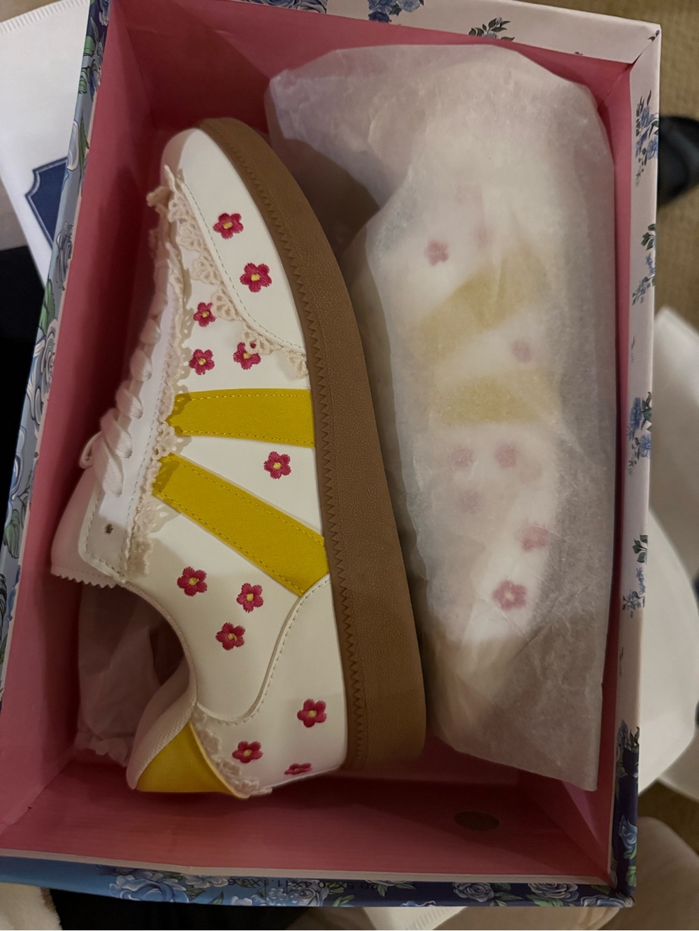 Simply Southern White Sneakers with Yellow Stripes and Pink Floral Accents